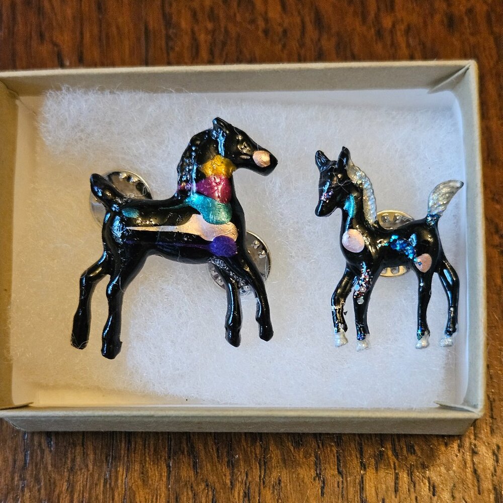 Vtg. 90's Hand Painted Mother and Colt Horse Pins